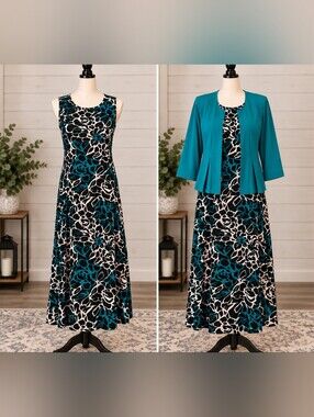 Danny & Nicole XL 2 Pc Teal Floral Print Dress Jacket Set